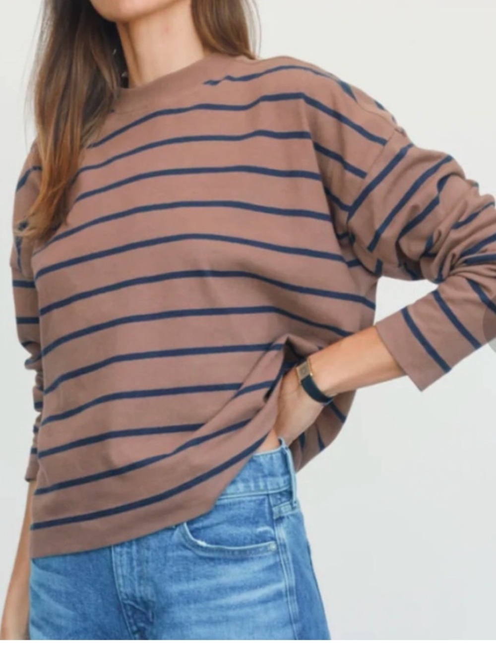 Ayr the half day tee toast - Striped Brown & Navy Long-Sleeve Women's Top